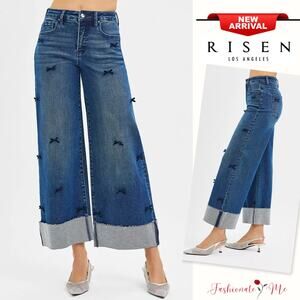 RISEN High Rise Ribbon Detail Cuffed Hem Dark Wash Cropped Wide Leg Denim Jeans